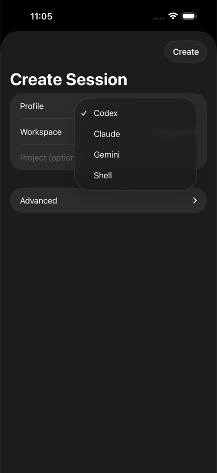 Create session flow with profile picker and advanced options